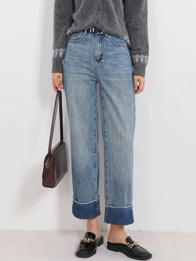 

Модные свободные прямые джинсы для женщин с высокой талией, укороченные, с эффектом стройности и легкого утягивания.