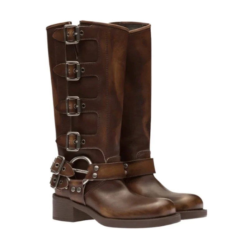 

New Vintage Rivet Motorcycle Boots 2025 Women's Rock Style Modern Boots Designer Metal Buckle Accessories Women's High Heels