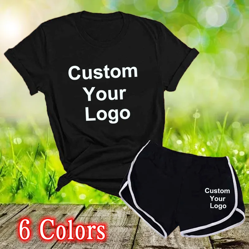 Women Fashion Custom Your Logo T-shirt and Shorts 2 Pcs Casual Short Sleeve Tracksuit sport Yoga Suit 6 Colors