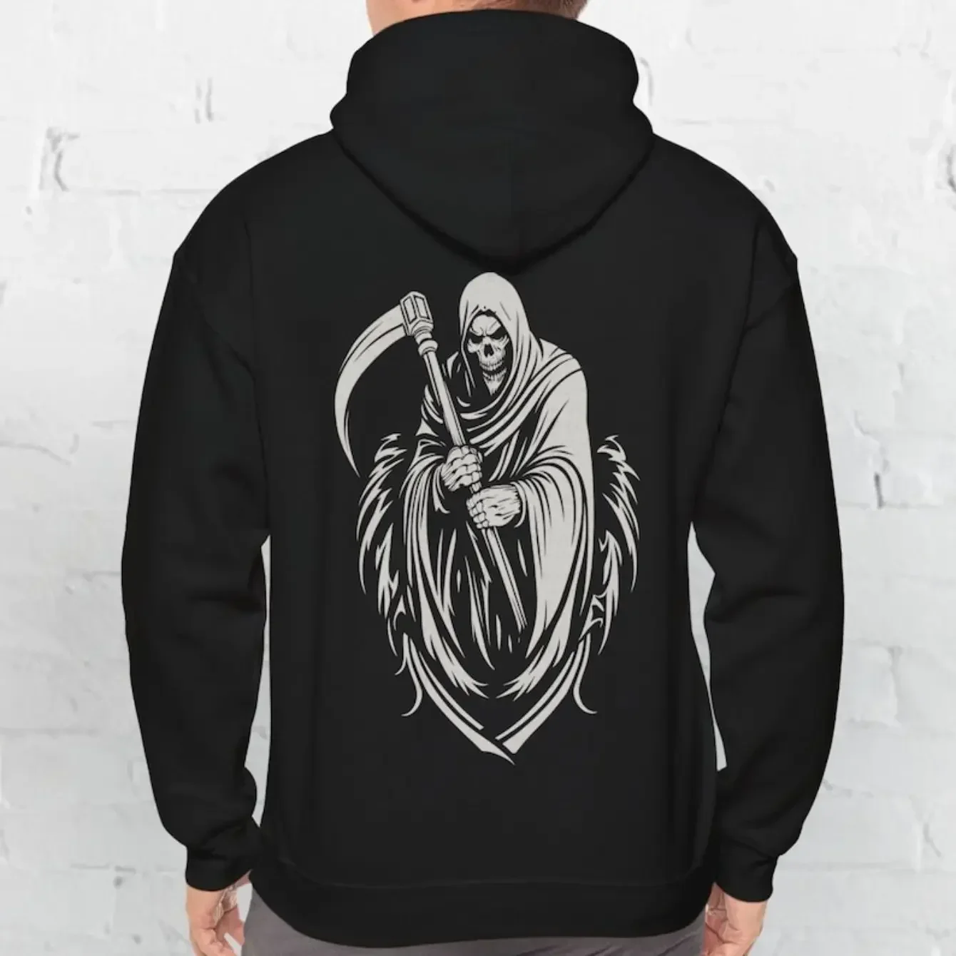 Men's Grim Reaper with Scythe Graphic Hoodie - Cotton Blend Black Long Sleeve Pullover Regular Fit | Soft & Breathable Fabric, Durable Print, Everyday Comfort, Machine Washable, gothic Horror Dark Fantasy