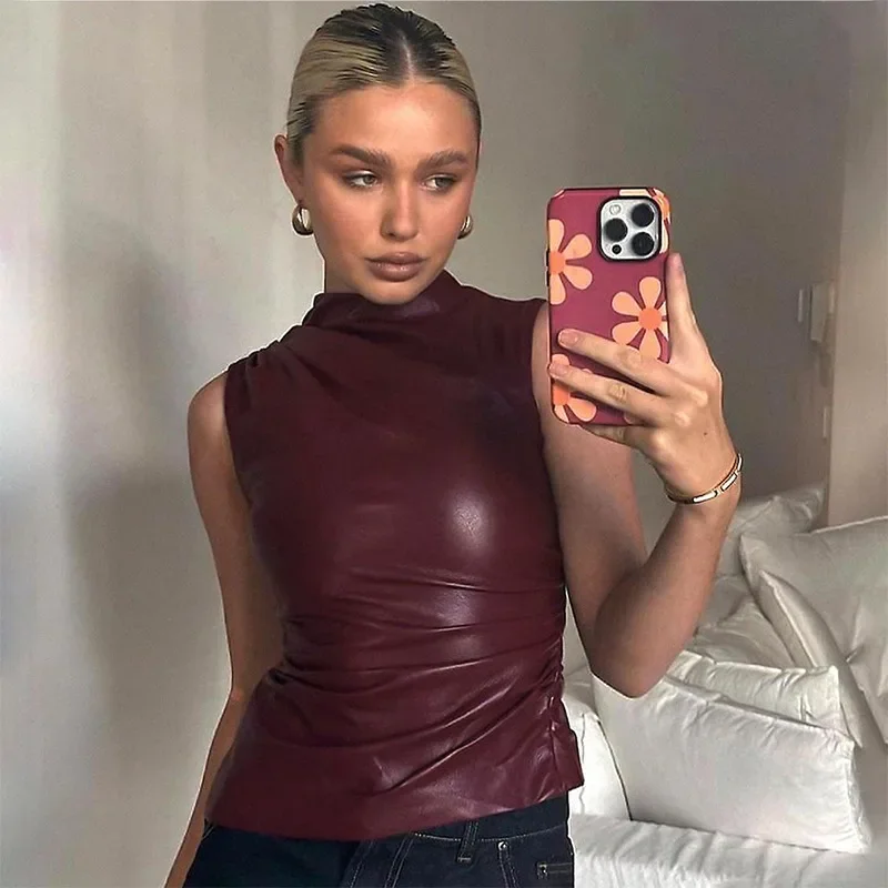 

PU Leather Tank Top High -end Fashion Y2k Clothes Asymmetrical Ruched Sleeveless Blouse Winter Sexy T Shirt for Women Tops Solid