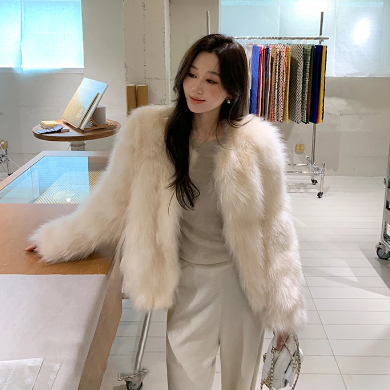 レディースフェイクファーブレンドファー秋冬長袖Vネック韓国服冬服スリムフィットファッション女性コート