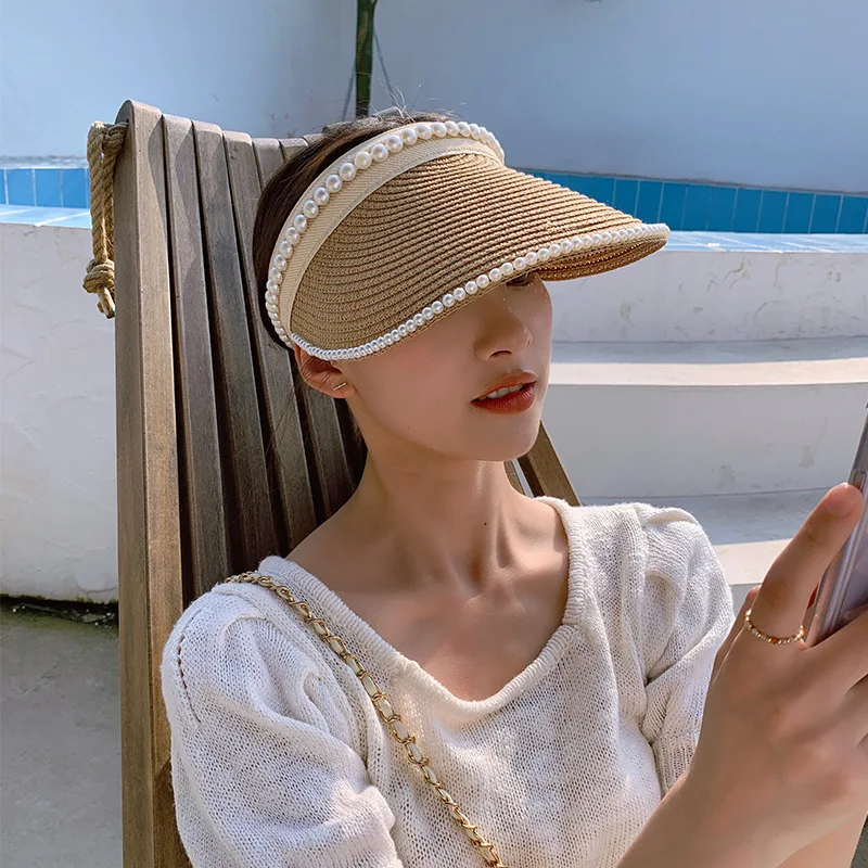 Ladies Fashion Sunscreen Mesh Breathable Sun Hat Hairband Pearl Straw Hat Designer Co-branded Hat
