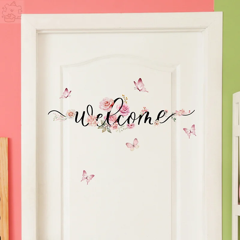 New A Variety Of Flowers Butterfly English Welcome Door Pasting