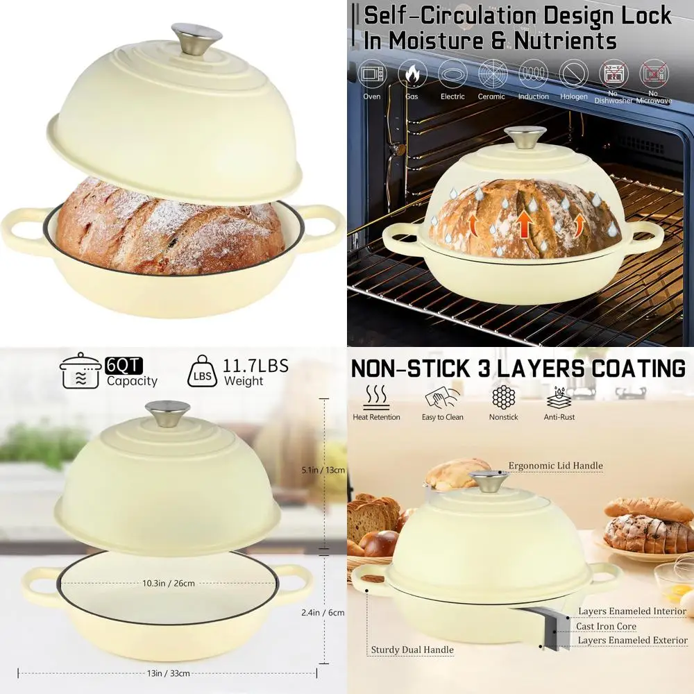 

10 Enamel-Coated Cast Iron Dutch Oven, 6-Quart Sourdough Bread Baker with Dome Lid, Non-stick Cookware for Homemade Bread, Beige