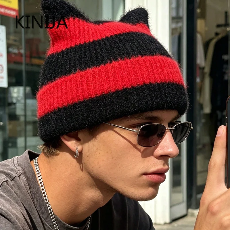 Cute Cat Ears Beanie Hat for Men Winter Korean Punk Gothic Y2K Wool Knitted Streetwear Handmade Crochet Bucket Cap