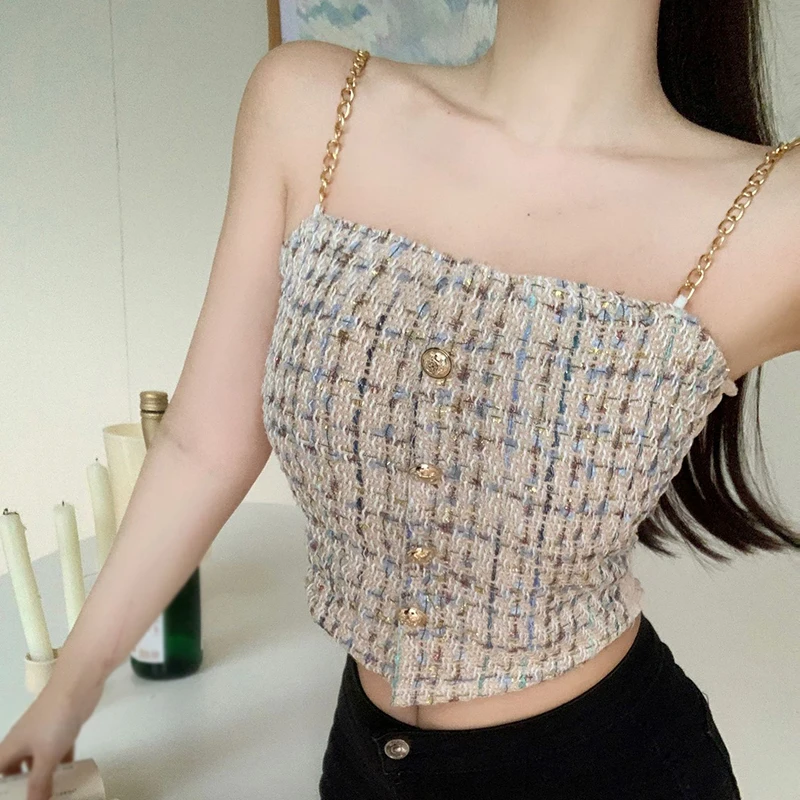 Women's Korean Version Grid Chain Slim Fit Sexy Temperament With Chest Cushion Small Fragrance Style Camisole Vest Top