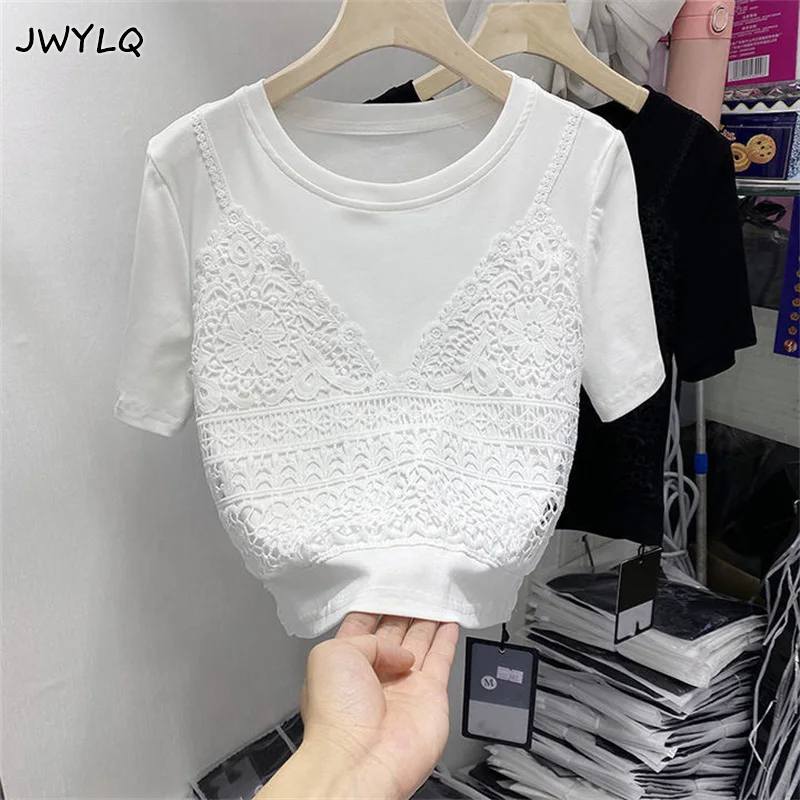 2022 Korean Fashion Summer Pullovers Casual Round Collar Temperament Slim Stitching Vintage Short Sleeve Oversized Women Sweater