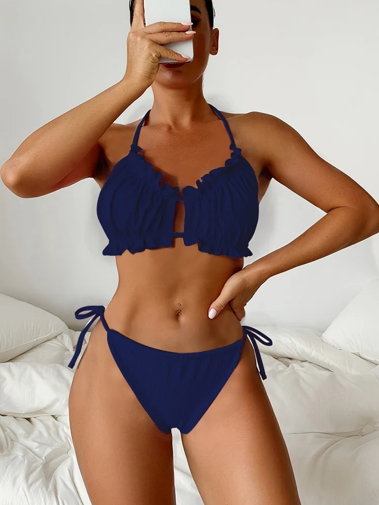 

Bikini Women Swimsuit 2026 New Solid Ribbed Halter Bikinis Set Sexy Ruffle Swimwear Summer Two Piece Beach Bathing Suit Female