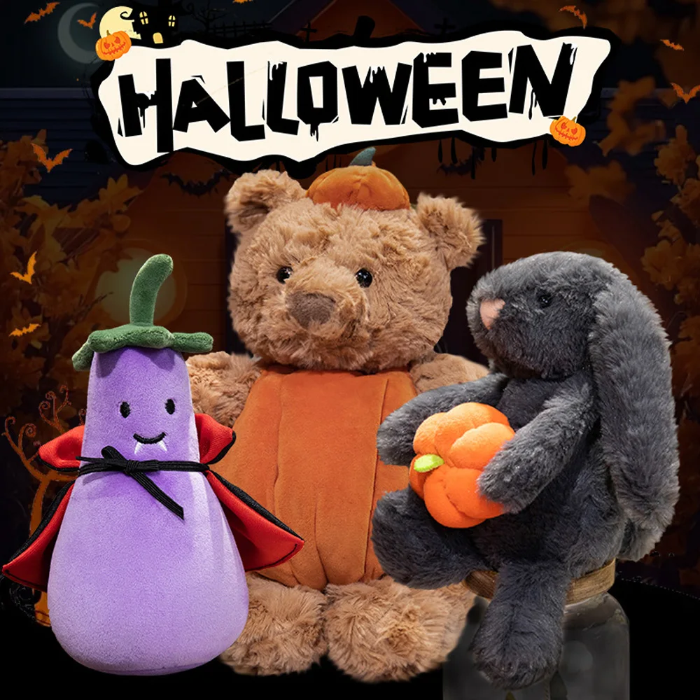 

Cartoon Halloween Pumpkin Rabbit Plush Toys Soft Bear Earphone Cloak Eggplant Stuffed Bunny Dolls Halloween Trick or Treat Gifts