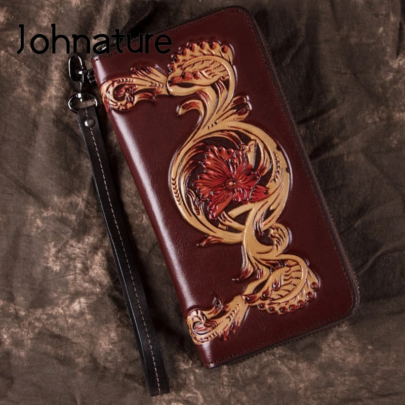 Johnature Retro Genuine Leather Men And Women Luxury Hand Wallet 2024 New Cowhide Handmade Floral Clutch Wallets Phone Purse