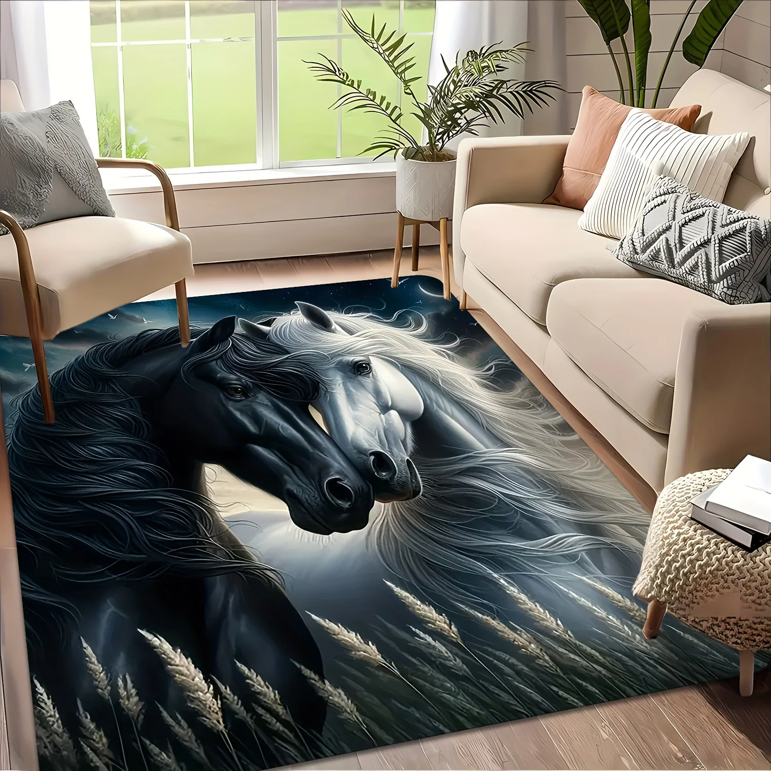 Dramatic Horse Pair Area Rug Equestrian Art Decor Living Room Hallway Mat Modern Black White Farmhouse Style Nature Print