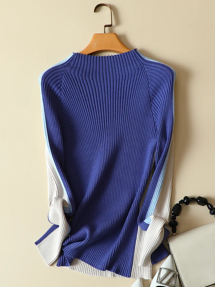 Side Striped Knitted Pullovers for Women, Elastic Sweaters for Office Lady, All Match Buttock Tops