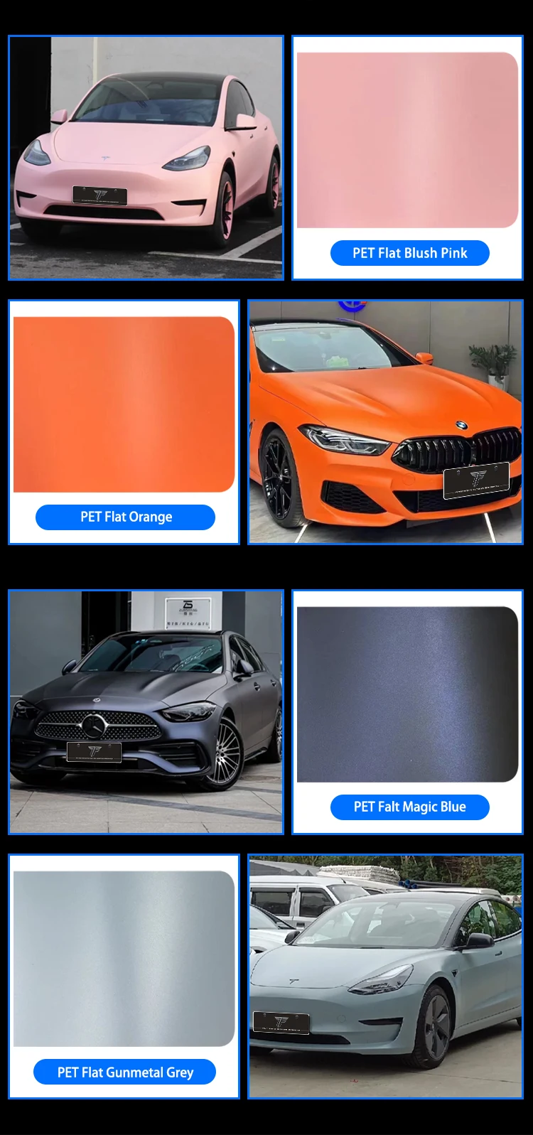 تسليم سريع 7F فيلم عالي اللمعان تغيير لون الفينيل PET الأرجواني رمادي أزرق يلتف السيارة الملونة