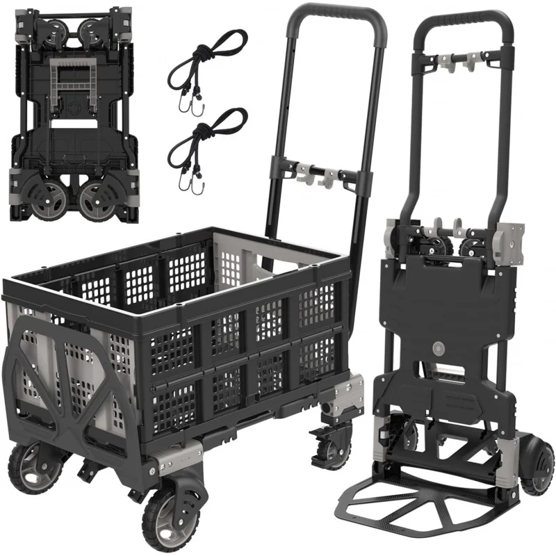 2-in-1 Folding Hand Truck with Folding Basket, 330LBS Capacity Heavy Duty Dolly with Retractable Handle, 4 Wheels