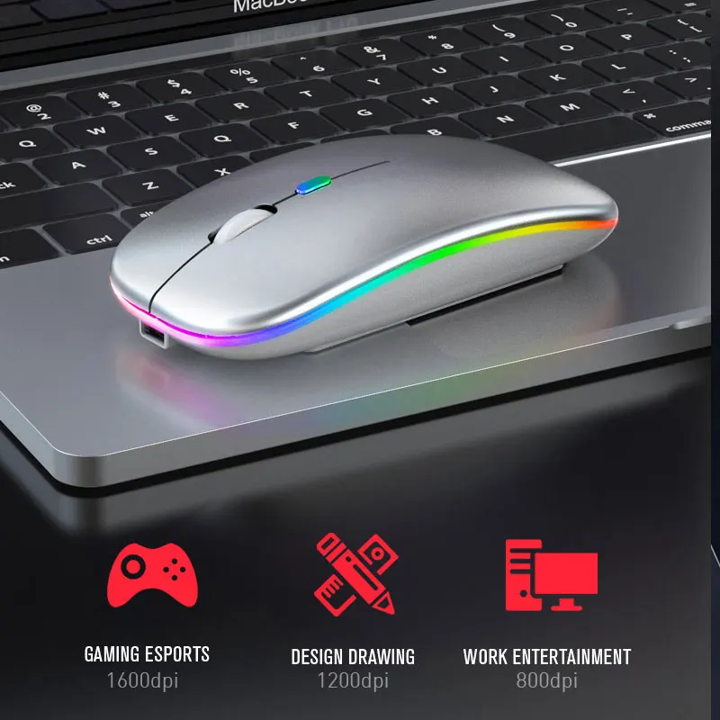 Bezprzewodowa mysz kompatybilna z Bluetooth z lampką USB do ładowania RGB do laptopa PC Macbook Gaming Mouse 2.4GHz 1600DPI