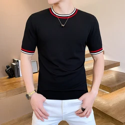 Brand Clothing Knitted T-shirt for Men Summer Short Sleeve Round Neck Tshirt Striped Casual Business Ice Silk Breathable Tee