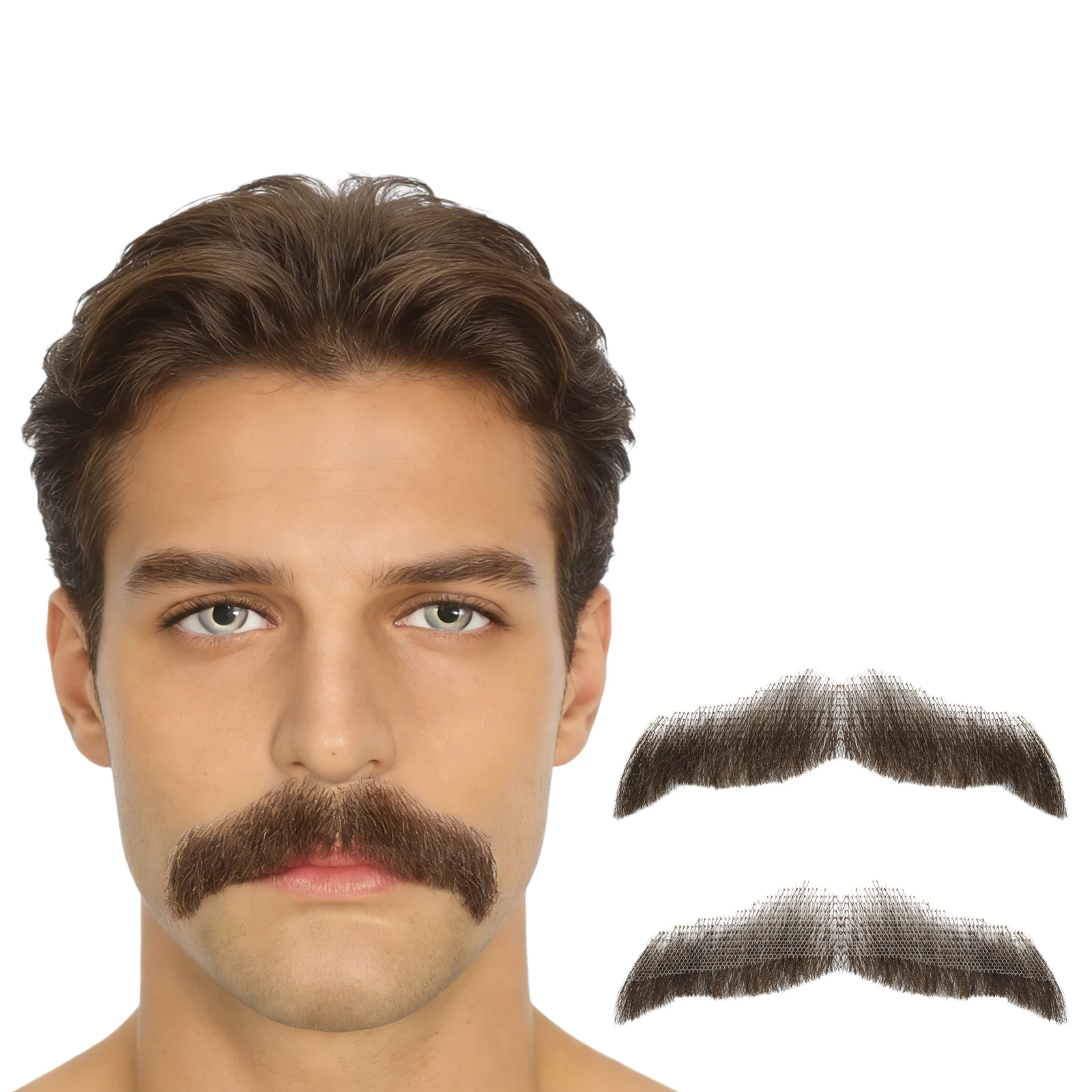 Realistic Human Hair Fake Beard and Mustache for Men Hand Tied Invisible Lace Facial Hair for Cosplay Costume Party Synthetic
