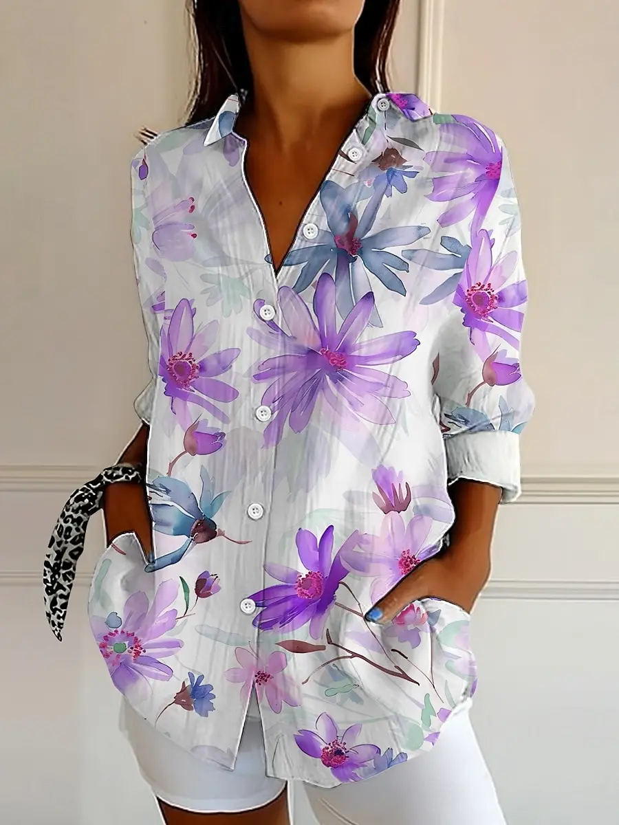Women's Shirt Floral Graphic Elegant Vintage Tropical Long Sleeve Shirt Collar Regular Tops Daily Buttons Print Summer Spring