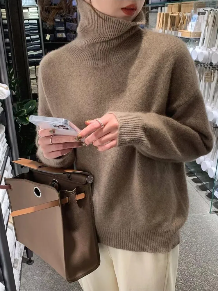 

Сплошной цвет, свободный пуловер для женщин, осенняя мода, вязаный свитер с высоким воротом и длинными рукавами, зимние женские удобные теплые свитера