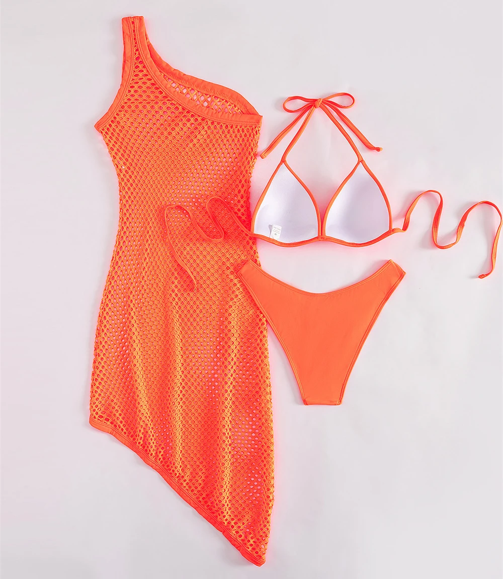 Para Praia Halter ชุดบิกินี่สามชิ้นหนึ่งไหล่ Hollow Out Cover Up ชุดว่ายน้ําสตรีชุดว่ายน้ําหญิงชุดว่ายน้ํา