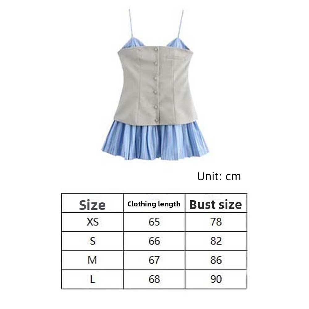 Striped Sleeveless Dress Patchwork Wide Pleated Blue Color Suspenders Short Skirt Teenagers Adolescent Casual