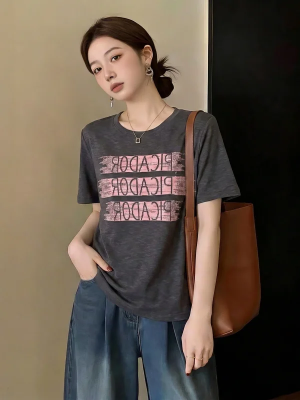 

Gray Thin Bamboo Rayon Short Sleeve T-Shirt Women's Summer New Style Large Size Loose Fit Comfortable Korean Style Top