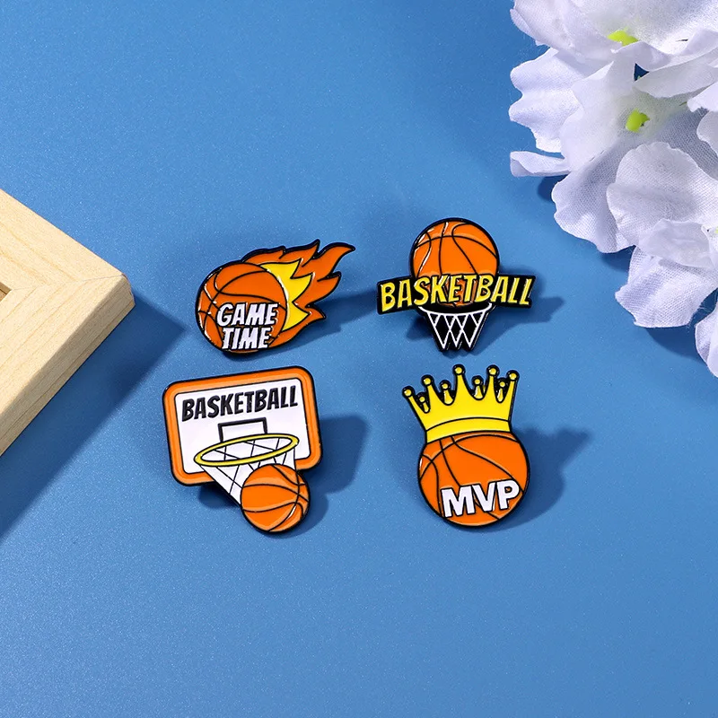 Creative Basketball Enamel Brooch Flame Game Time Mvp Crown Basketball Sport Metal Badge Punk Clothing Lapel Pins Jewelry Gift