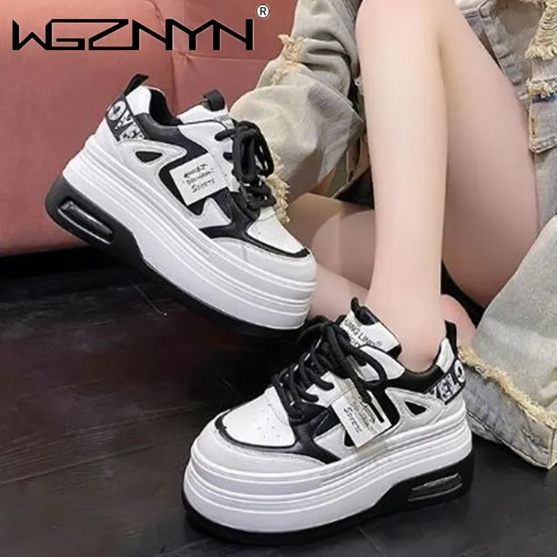 Luxury Women Chunky Leather Casual Shoes White 8CM High Platform Wedge Heels Sneakers Female Women Spring Autumn Skateboard Shoe