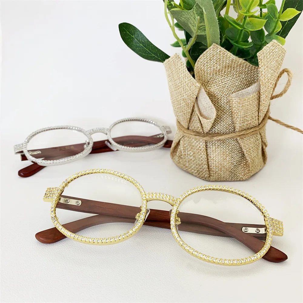 Hiphop Iced Out Zircon Sunglasses No Lenses for Women Men Bling Cubic Zirconia Wood Body Glasses Luxuries Birthday Party Gift
