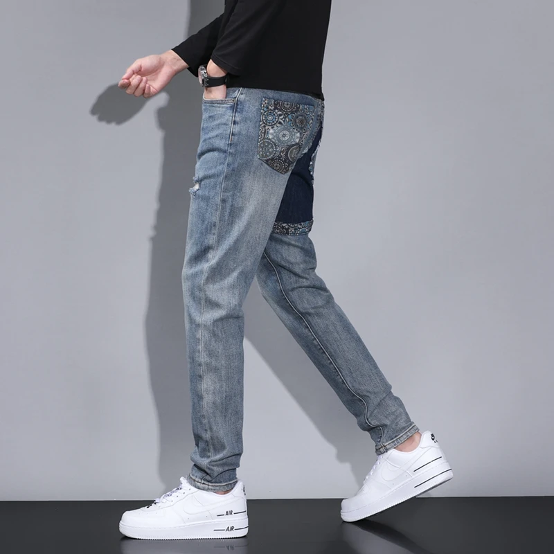 2024High-end men's jeans Slim cut round hole printing splicing stretch men's pants fashion straight jeans pants