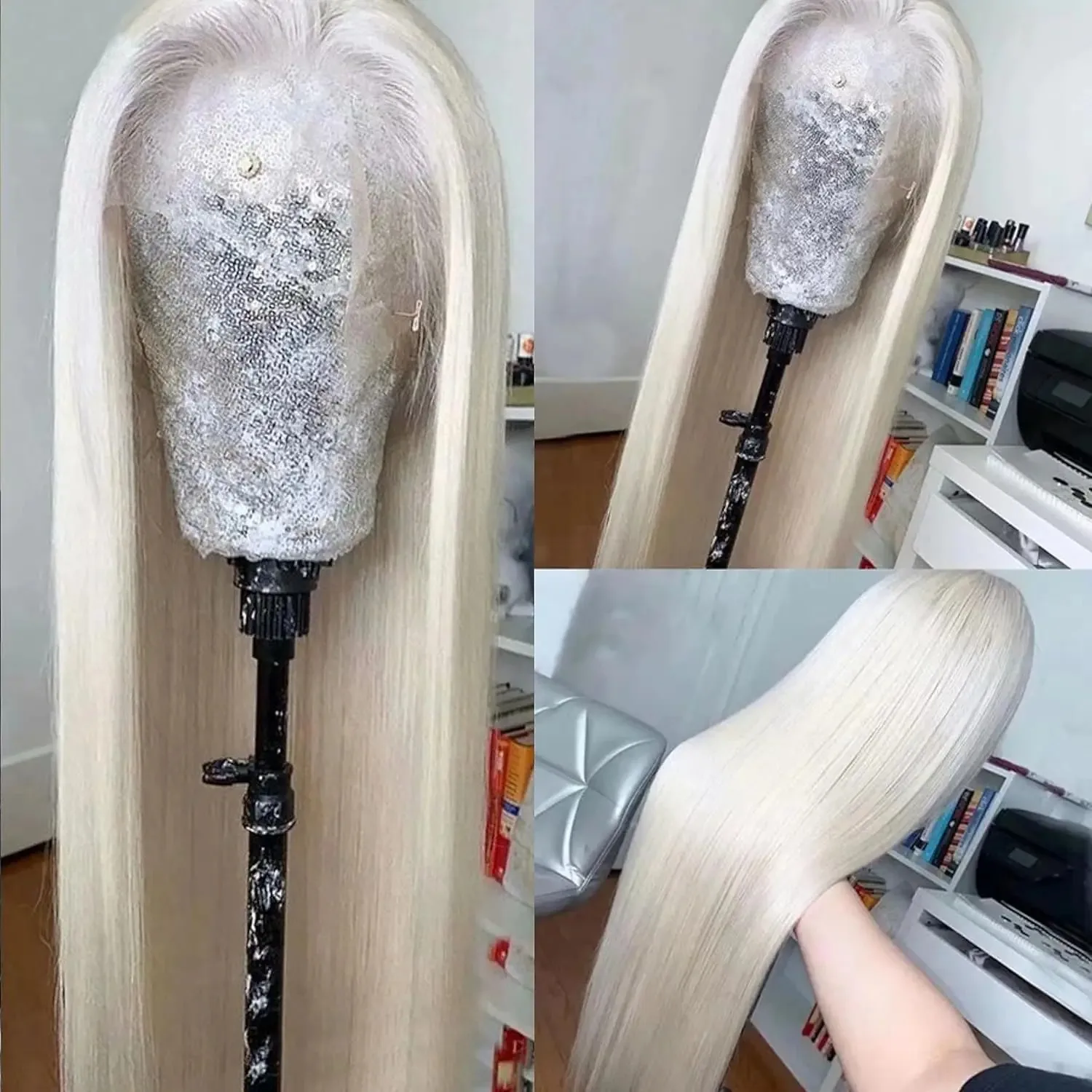 28inch Long Straight Hair Lace Wigs White Synthetic 13x4 HD Lace Frontal Wig Medium Part Nature Hairline For Women Cosplay Party