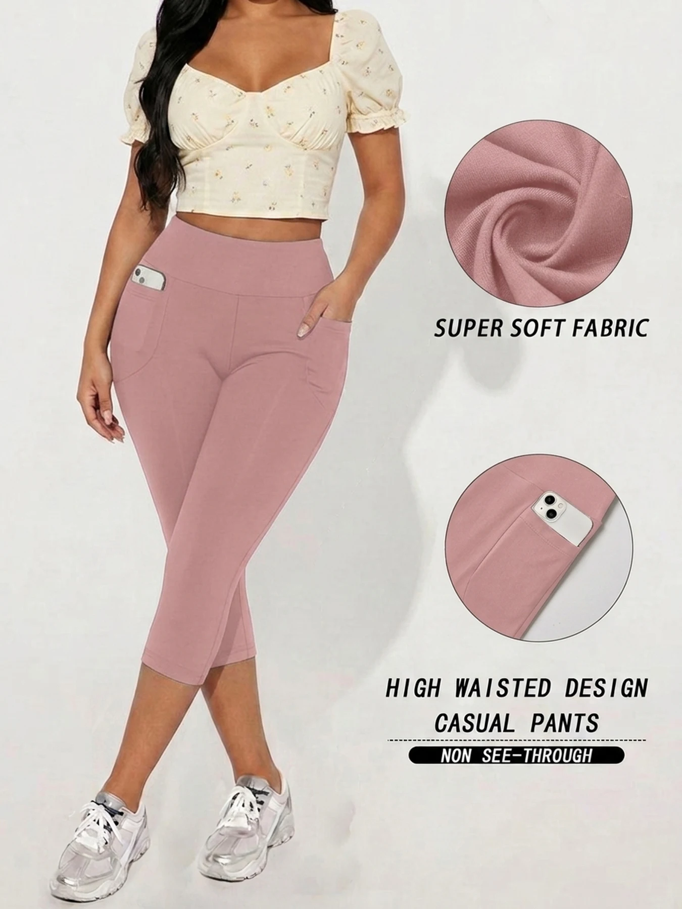 Hochgeschnittene Caprihosen für Damen mit Taschen, Superweiche Bauchkontrolle Workout-Lauf-Yoga-Sportleggings – Detail 7
