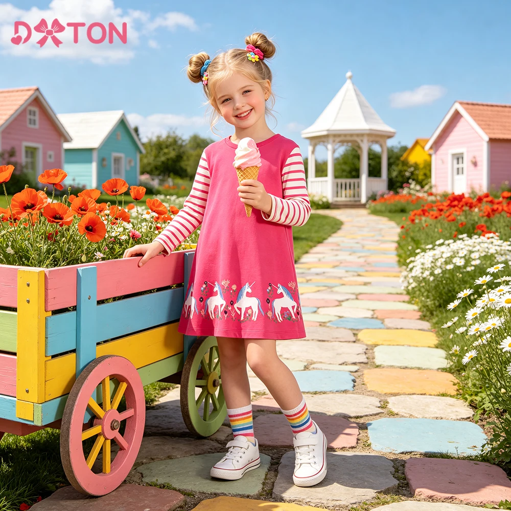 DXTON Kids Cotton Dresses For Girls Striped Toddler Baby Clothing A-line Straight Kids Casual Outerwear Unicorn Printed Outfits