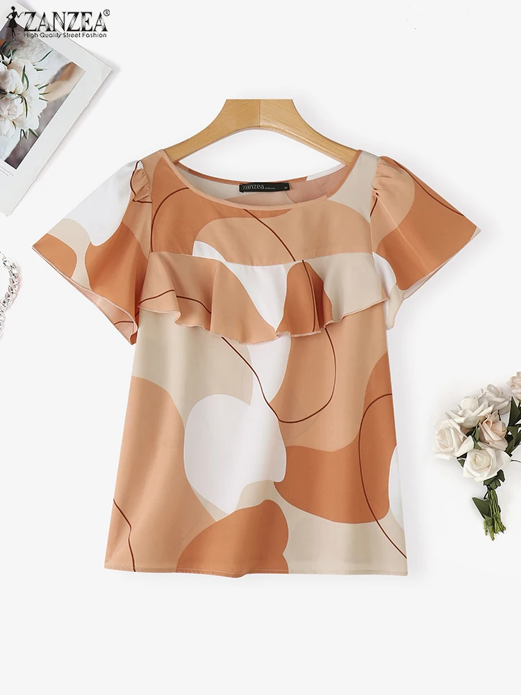 ZANZEA ผู้หญิงเสื้อวินเทจพิมพ์เสื้อ 2025 ฤดูร้อนแขนสั้นเสื้อ Ruffled Casual Bohemian หลวม Blusas Femininas