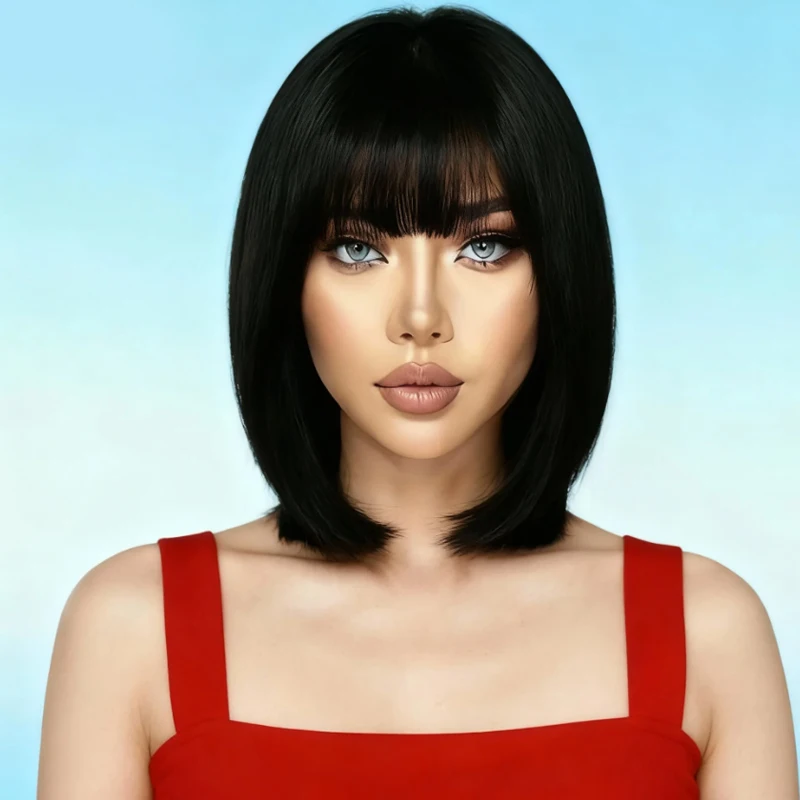 

Smooth synthetic 12 inch shoulder length black wig with bangs, suitable for women's daily party wear