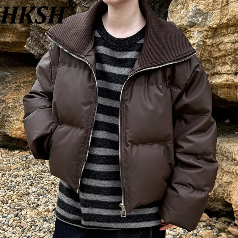 

HKSH Новое зимнее женское короткое пуховое пальто, вязаное пальто с большими лацканами в стиле пэчворк из искусственной кожи на молнии, универсальная повседневная теплая куртка HK14431