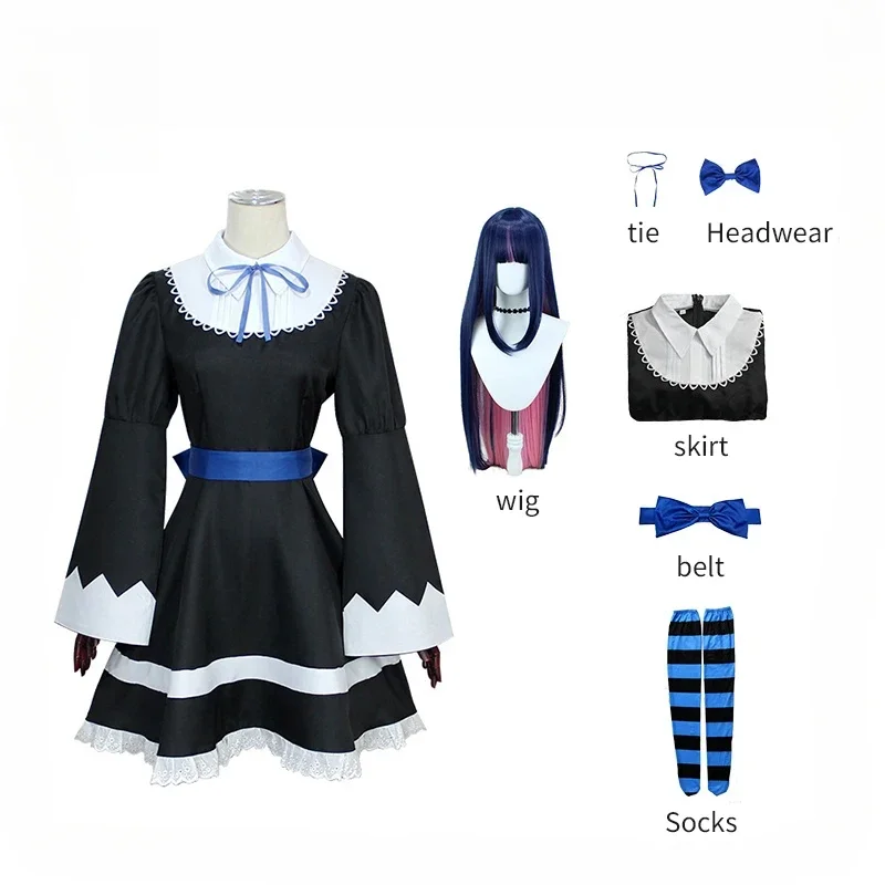 Anime Panty & Stocking with Garterbelt Younger Sister Anarchy Stocking Cosplay Costume Gothic Maid Lolita Dress Wig Long Socks