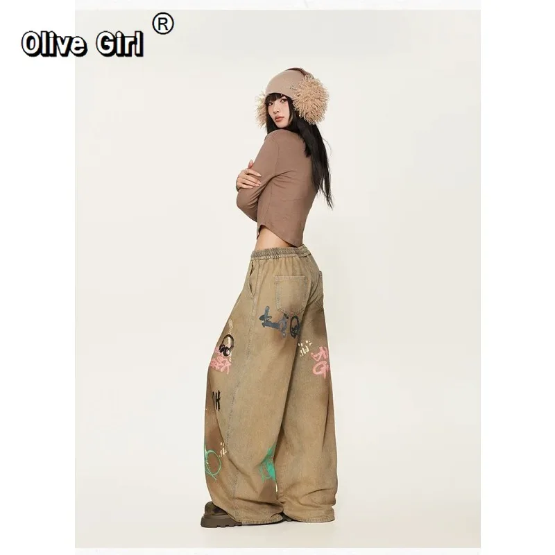 Olivegirl 힙합 데님 청바지 아메리칸 레트로 하이 스트리트 댄스 팬츠 그래피티 빈티지 바지 재즈 걸스 캐주얼 바지 트렌디