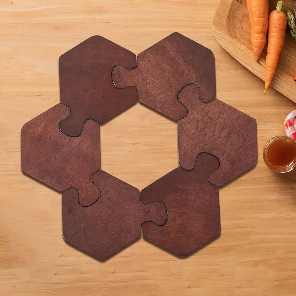 6Pcs Wooden Puzzle Cup Mat Heat-resistant Insulated Log Coaster Tableware Vintage Jigsaw Tea Coffee Coaster for Table Top