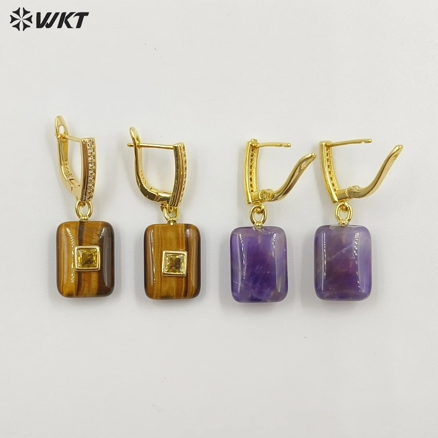 

WT-E796 Top Quality Gold Plated Natural Multi Colors Gemstones With Zircon Rectangle Pendant Earrings For Lady Daily Wearing