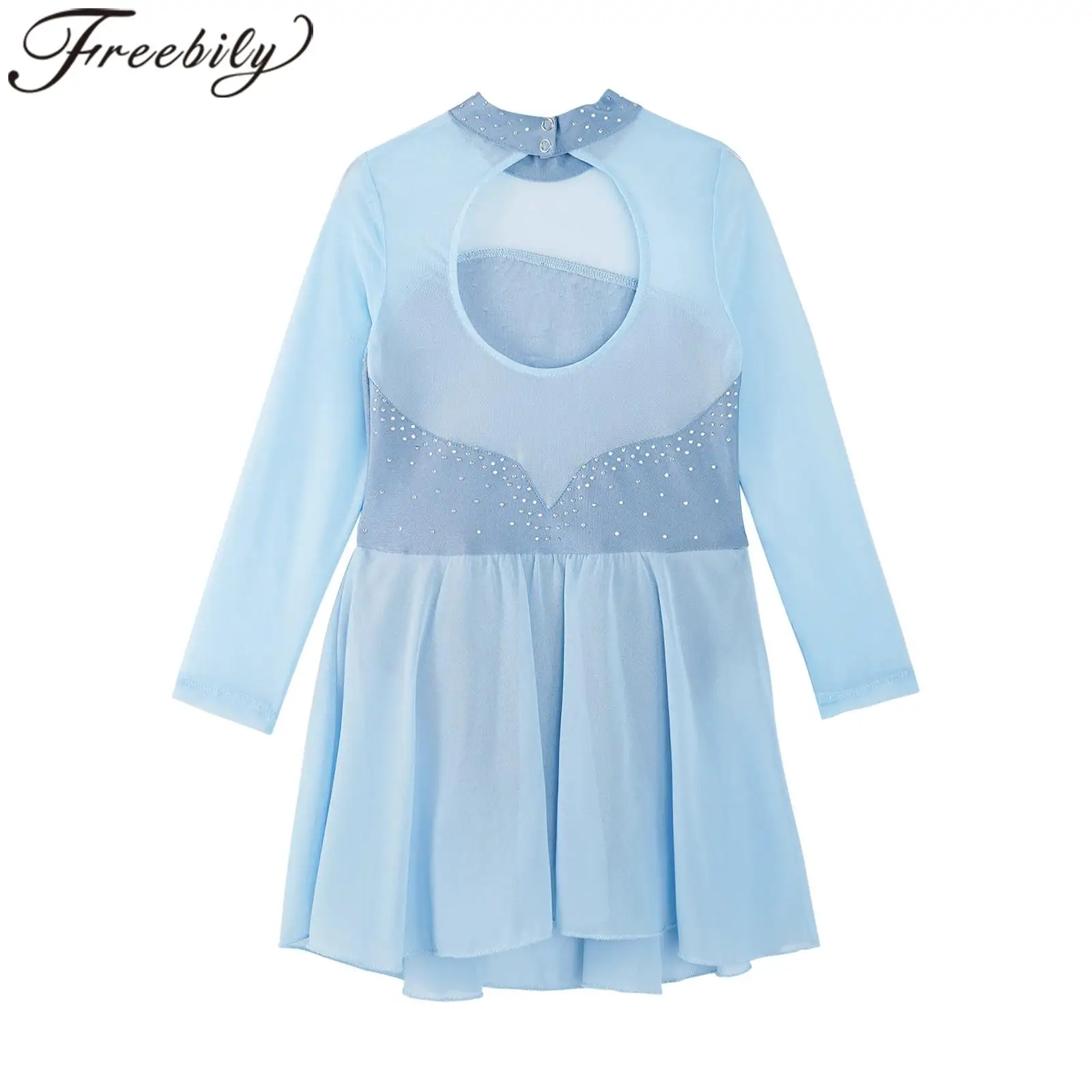 ชุดสเก็ตน้ำแข็งสำหรับเด็กผู้หญิง ประดับด้วยกลิตเตอร์และคริสตัล ชุดเต้นบัลเลต์บอลรูม แขนยาว ชุดแสดงสำหรับเด็ก