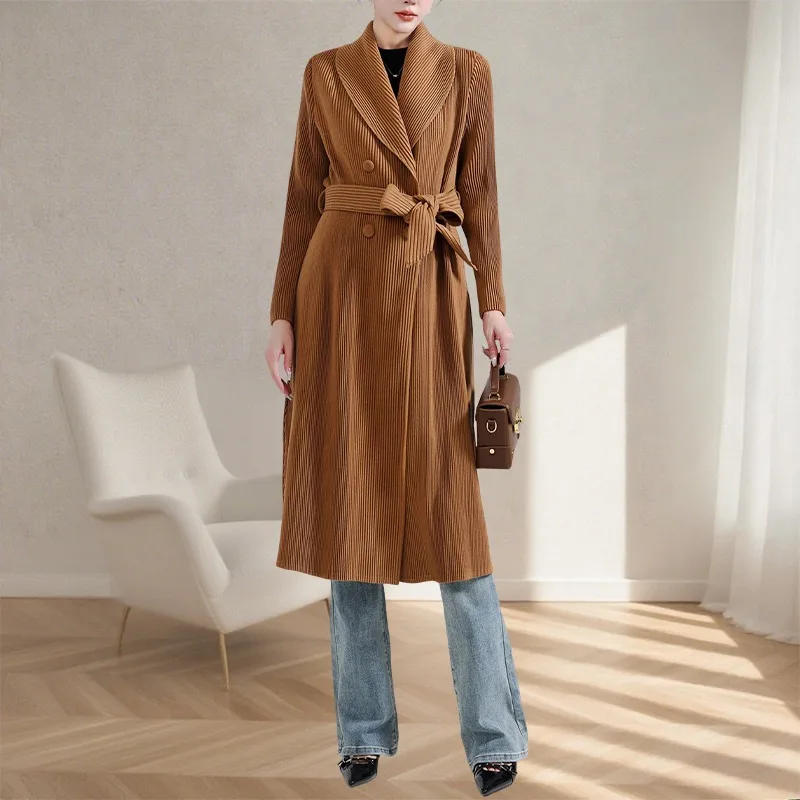 

Женское пальто Miyake средней длины, осень-зима 2021, новое кружевное темпераментное универсальное плиссированное пальто-тренч, женская куртка