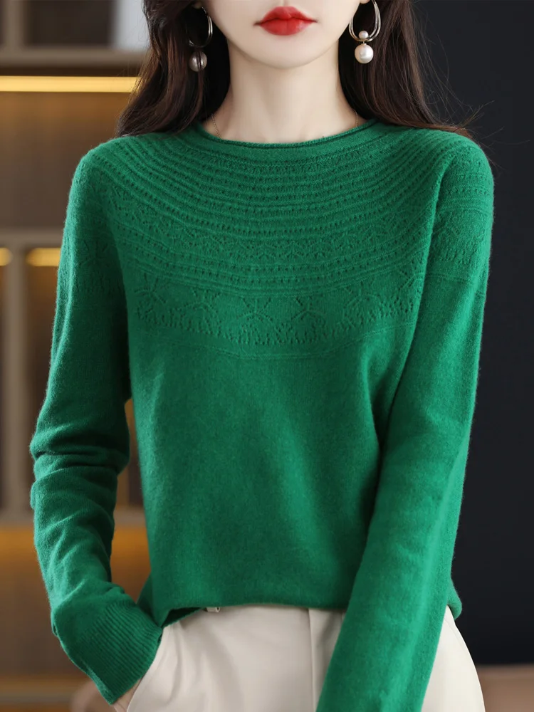 Hot Sale Slash Neck Classics Hollow Out 100% Cashmere Merino Wool Women Seamless Casual Loose Fit Sweater Pullover Clothing