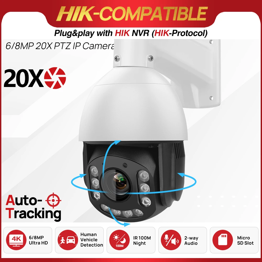 Hikvision Compatible 8MP PTZ Camera 4K Speed Dome 20X Zoom PoE Human Vehicle Detection Build in MIC Speaker Video Surveillance