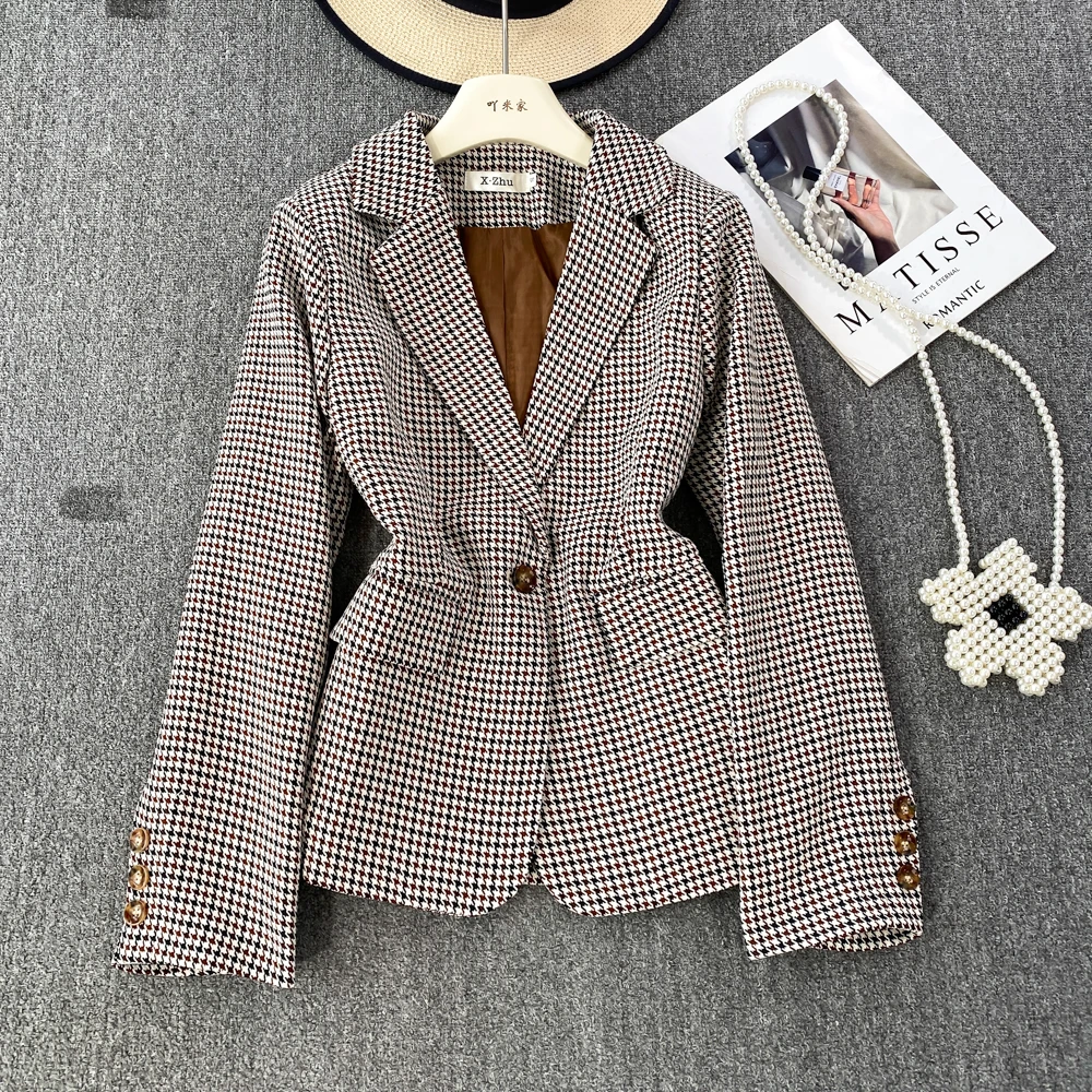 

Checkered Suit Coat 2023 New Autumn Women's Korean Lapel One Button Thousand Bird Plaid Jacket Casual Versatile Commuter Top