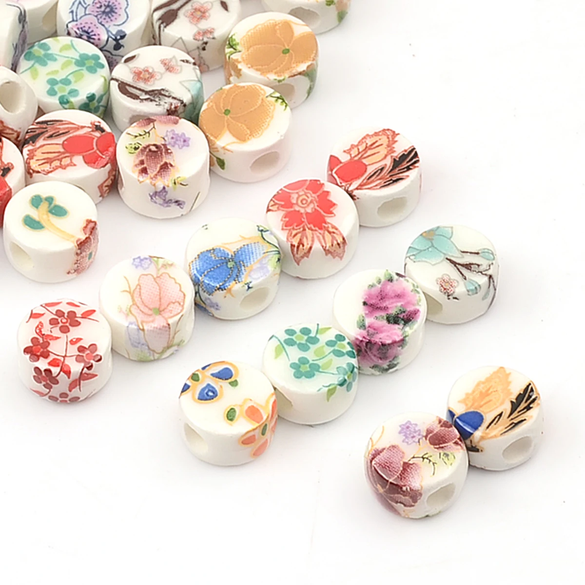 30pcs 0.8cm Mix Flat round Shape Flower Patterns Ceramic Porcelain Loose Crafts Beads lot for Jewelry Making DIY Findings