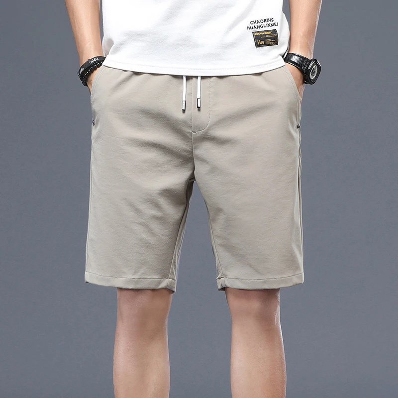 Summer Men\'s Thin Stretch Casual Shorts Fashion and Leisure Drawstring Bermuda Straight Beach Shorts Male Black Dark Grey Khaki