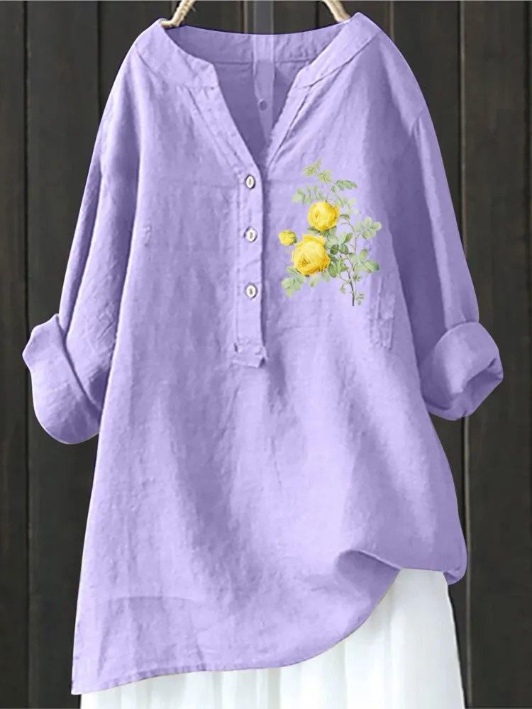 Fashion Buttons Long Sleeve Linen Tops And Blouses Women 2024 Autumn Loose Casual Daisy Print Shirts Women\'s Top Femme Blouse