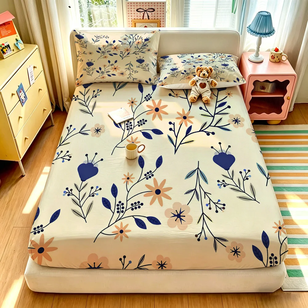 3pcs(1 duvet cover + 2 pillowcases, coreless)beige base and blue flowers The bedding set is available in multiple sizes